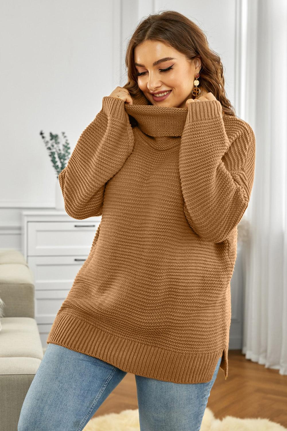 Horizontal Ribbing Turtleneck Sweater - La Pink