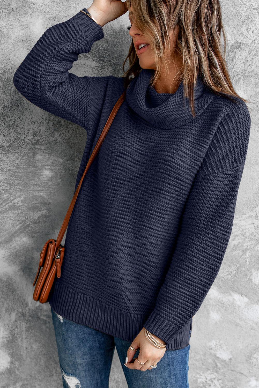 Horizontal Ribbing Turtleneck Sweater - La Pink