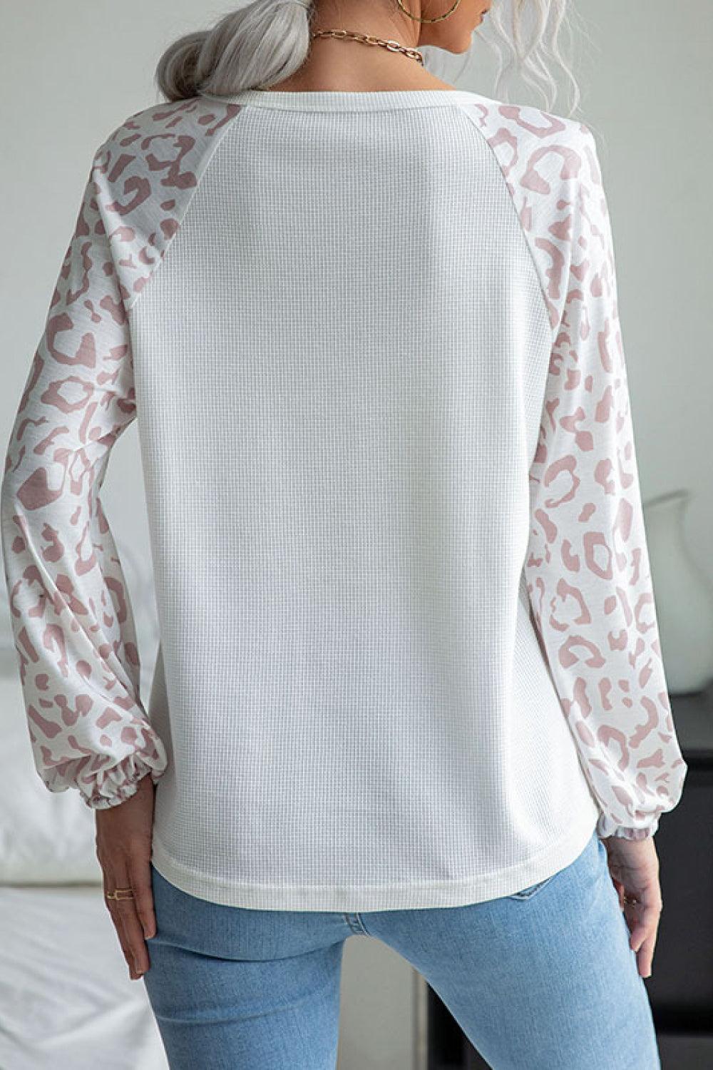 Leopard Baseball Sleeve Waffle Knit Tee - La Pink