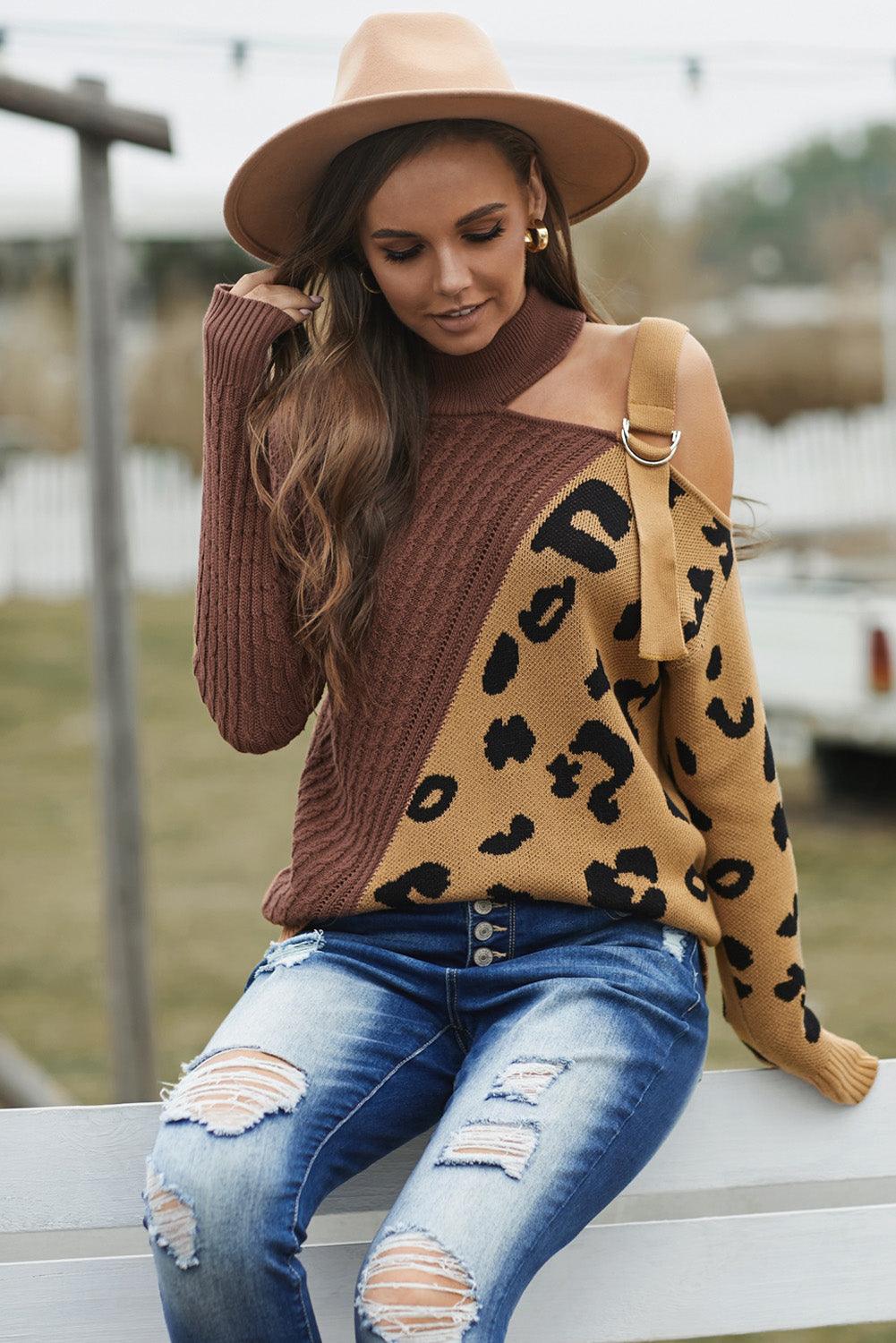 Leopard  Block Turtleneck Sweater - La Pink
