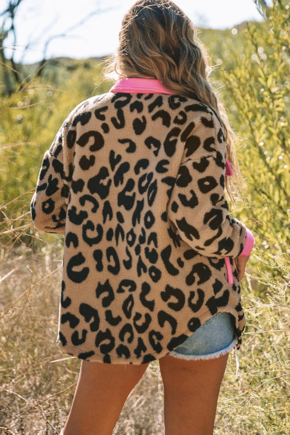 Leopard Contrast Teddy Shacket with Pockets - La Pink