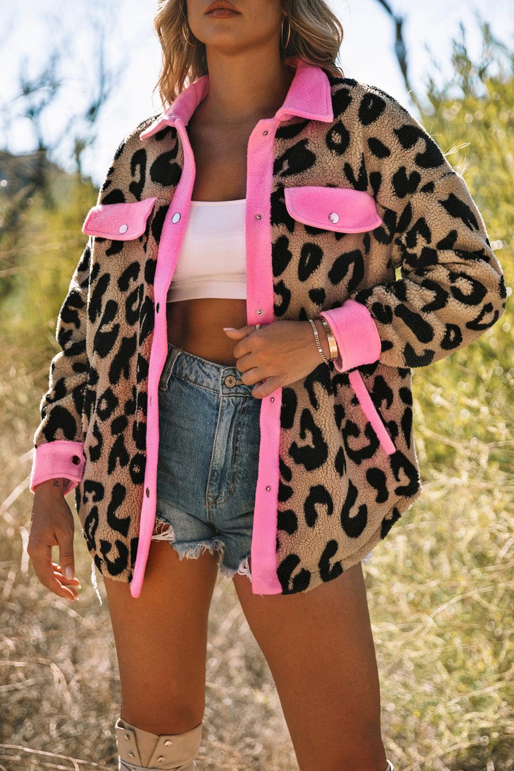 Leopard Contrast Teddy Shacket with Pockets - La Pink