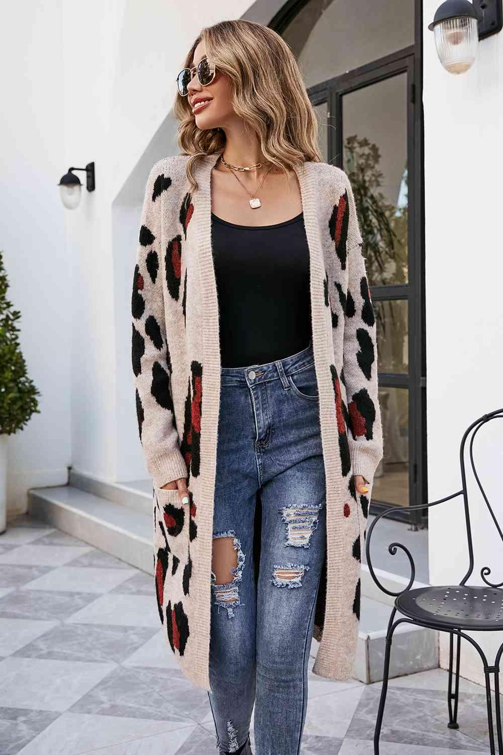 Leopard Open Front Cardigan with Pockets - La Pink