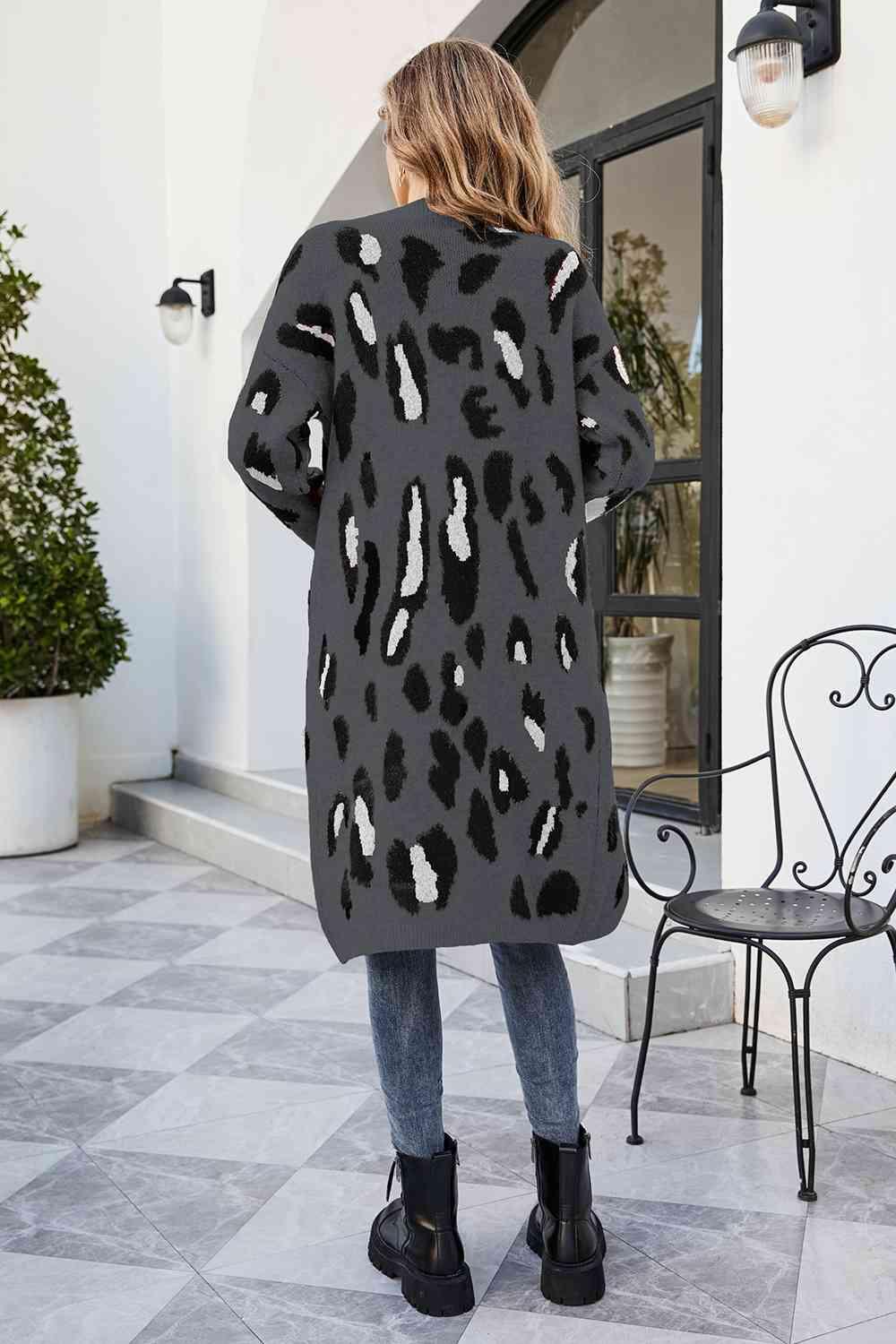 Leopard Open Front Cardigan with Pockets - La Pink