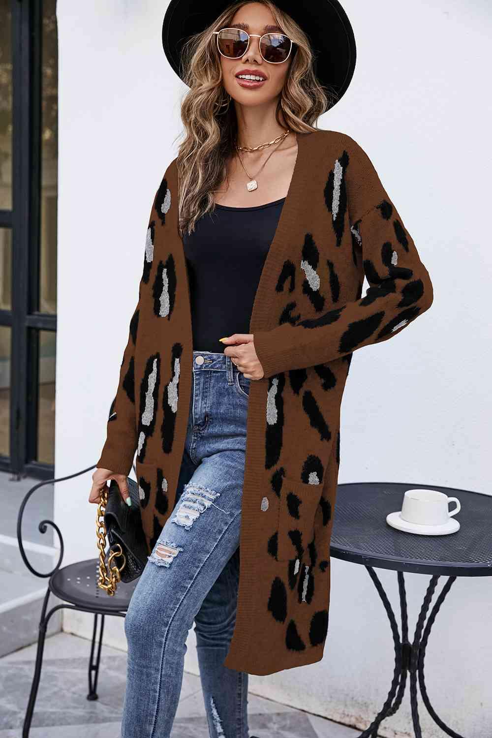 Leopard Open Front Cardigan with Pockets - La Pink