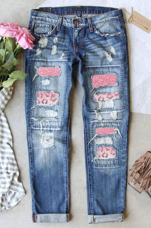 Leopard Patch Distressed Straight Leg Jeans - La Pink