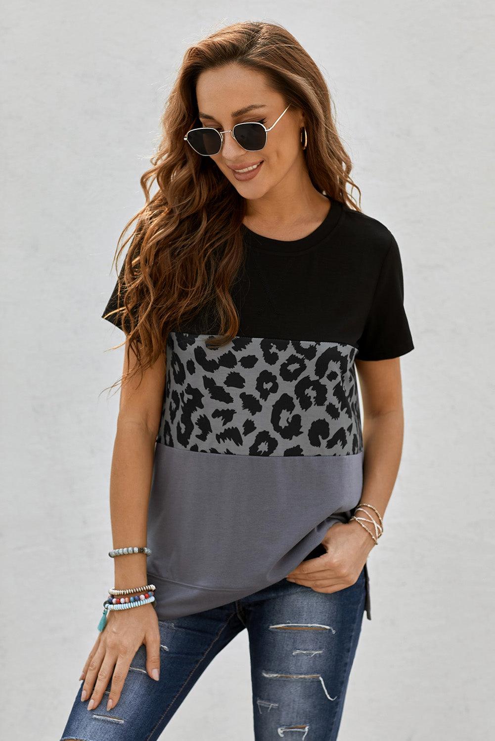 Leopard Print Color Block Short Sleeve T-Shirt - La Pink