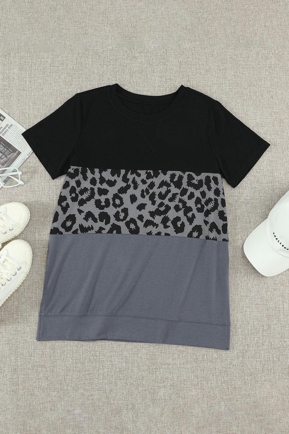 Leopard Print Color Block Short Sleeve T-Shirt - La Pink