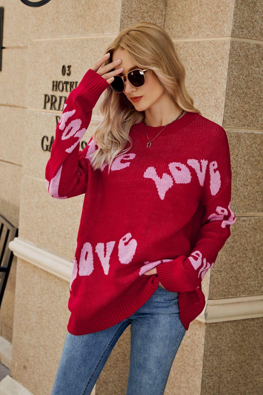 LOVE Ribbed Trim Round Neck Sweater - La Pink