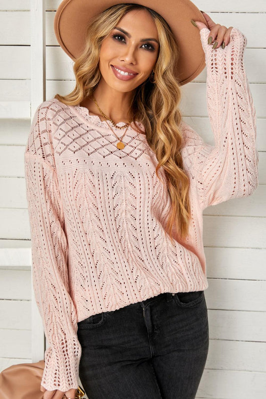 Openwork Scalloped Trim Knit Top - La Pink