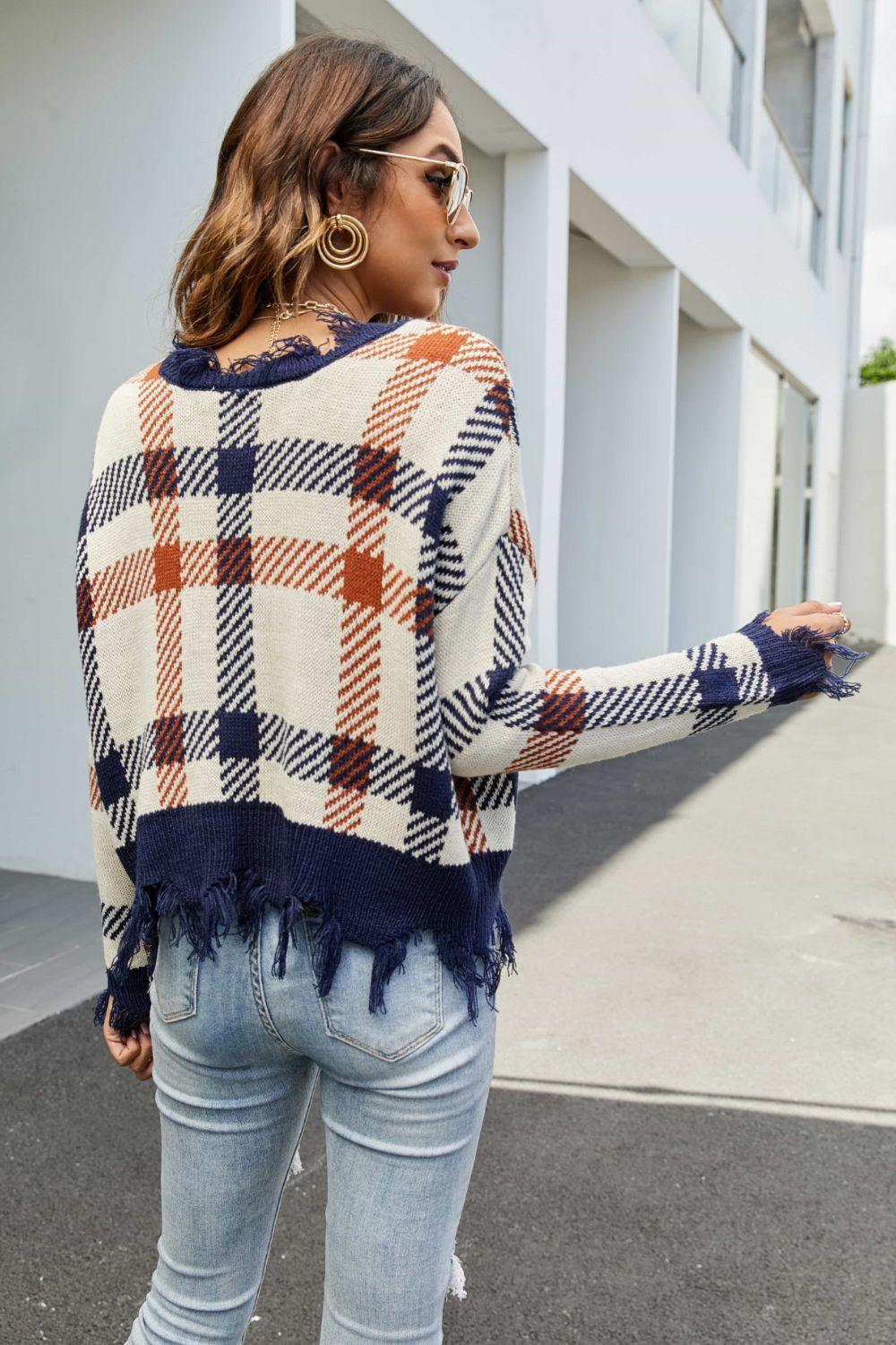 Plaid Distressed Drop Shoulder Sweater - La Pink