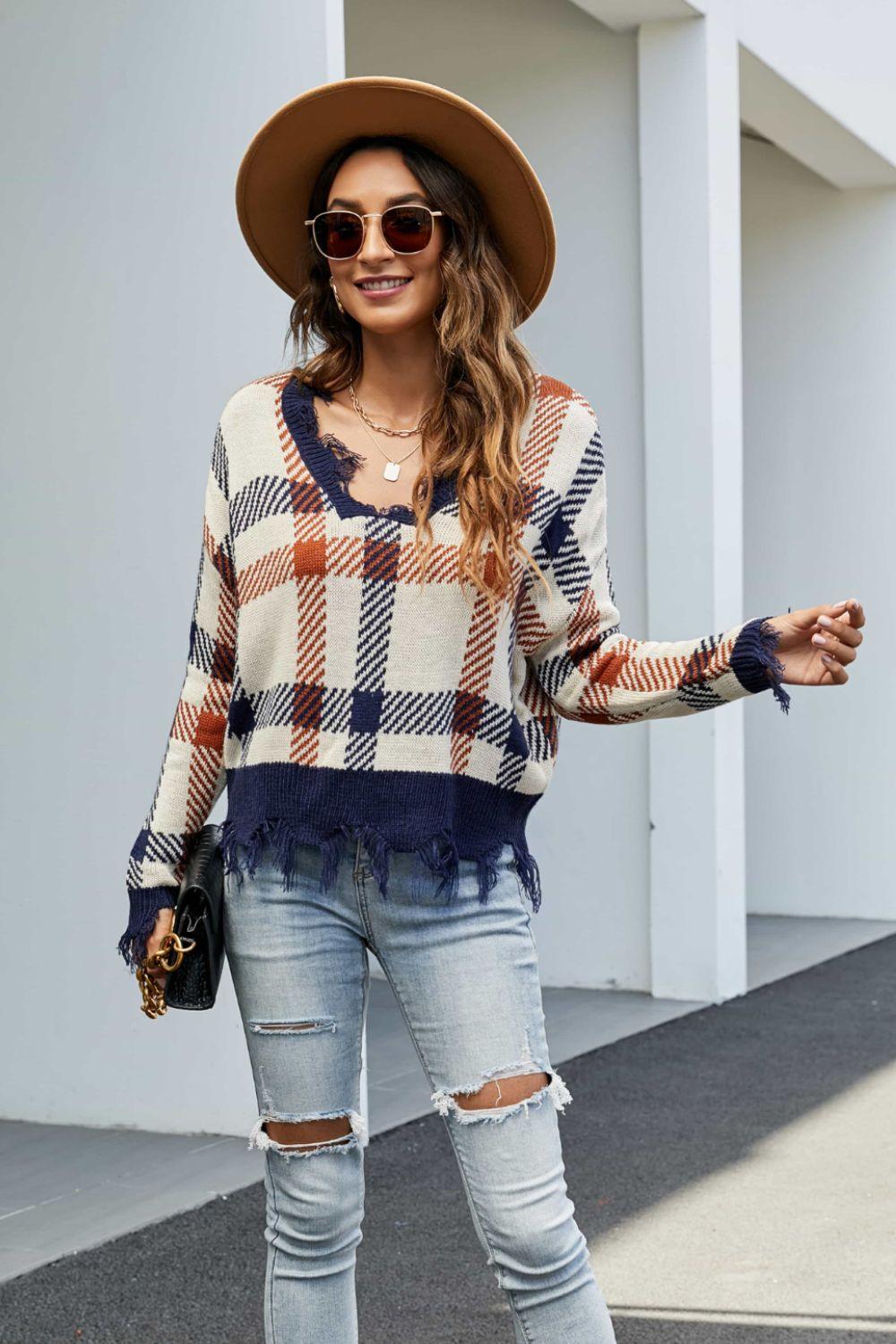 Plaid Distressed Drop Shoulder Sweater - La Pink