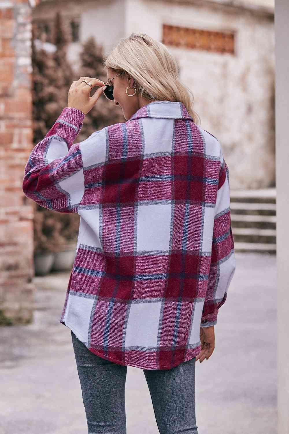 Plaid Long Sleeve Shirt Jacket with Pockets - La Pink