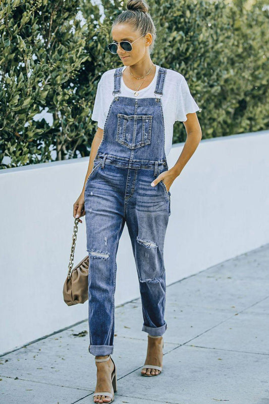 Pocketed Distressed Denim Overalls - La Pink