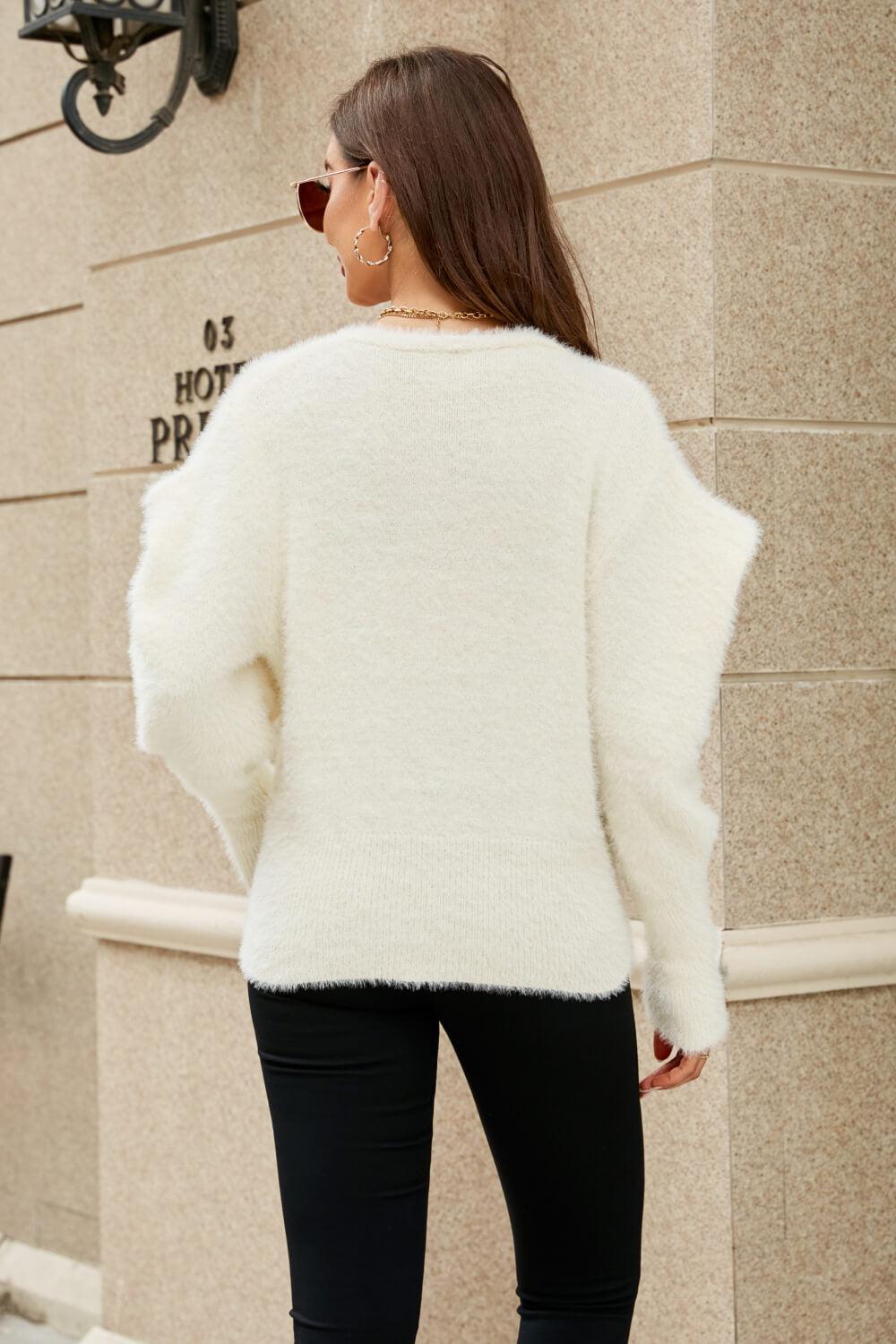 Puff Sleeve V-Neck Fuzzy Cardigan - La Pink