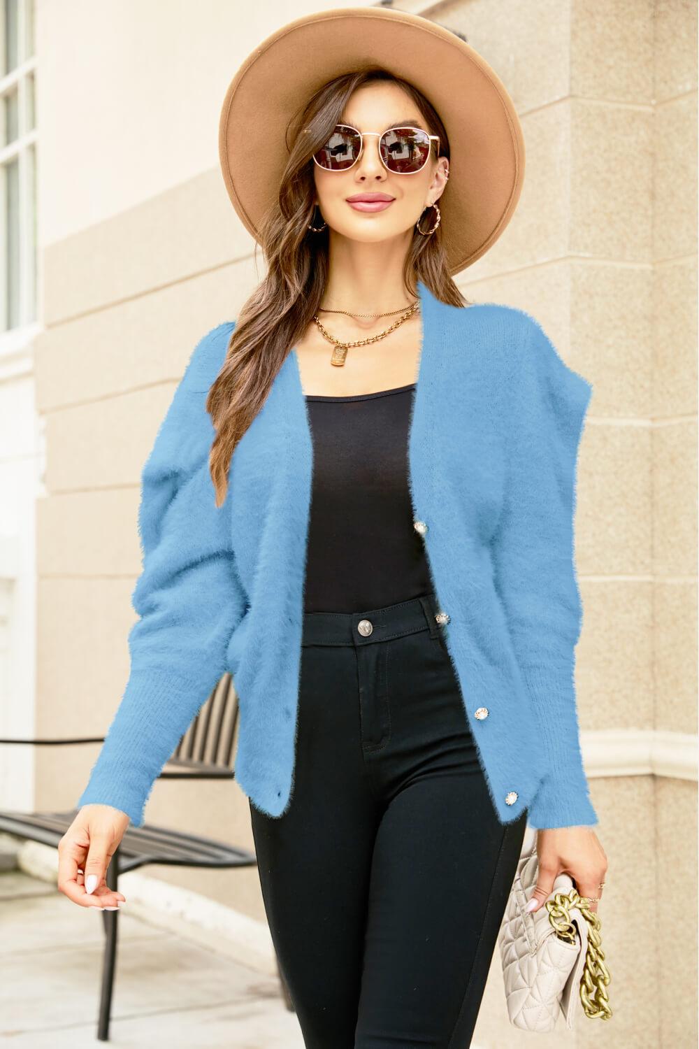 Puff Sleeve V-Neck Fuzzy Cardigan - La Pink