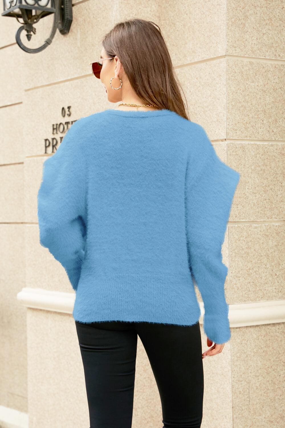 Puff Sleeve V-Neck Fuzzy Cardigan - La Pink