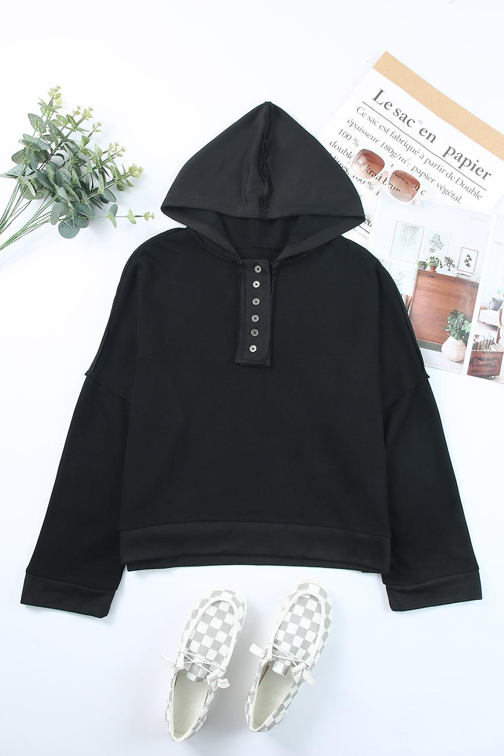 Quarter-Button Exposed Seam Dropped Shoulder Hoodie - La Pink