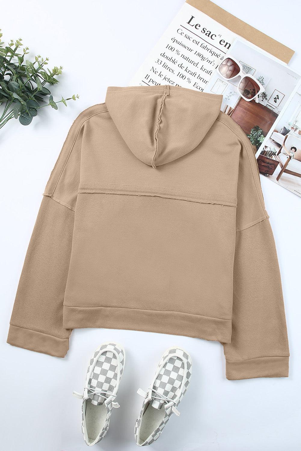 Quarter-Button Exposed Seam Dropped Shoulder Hoodie - La Pink