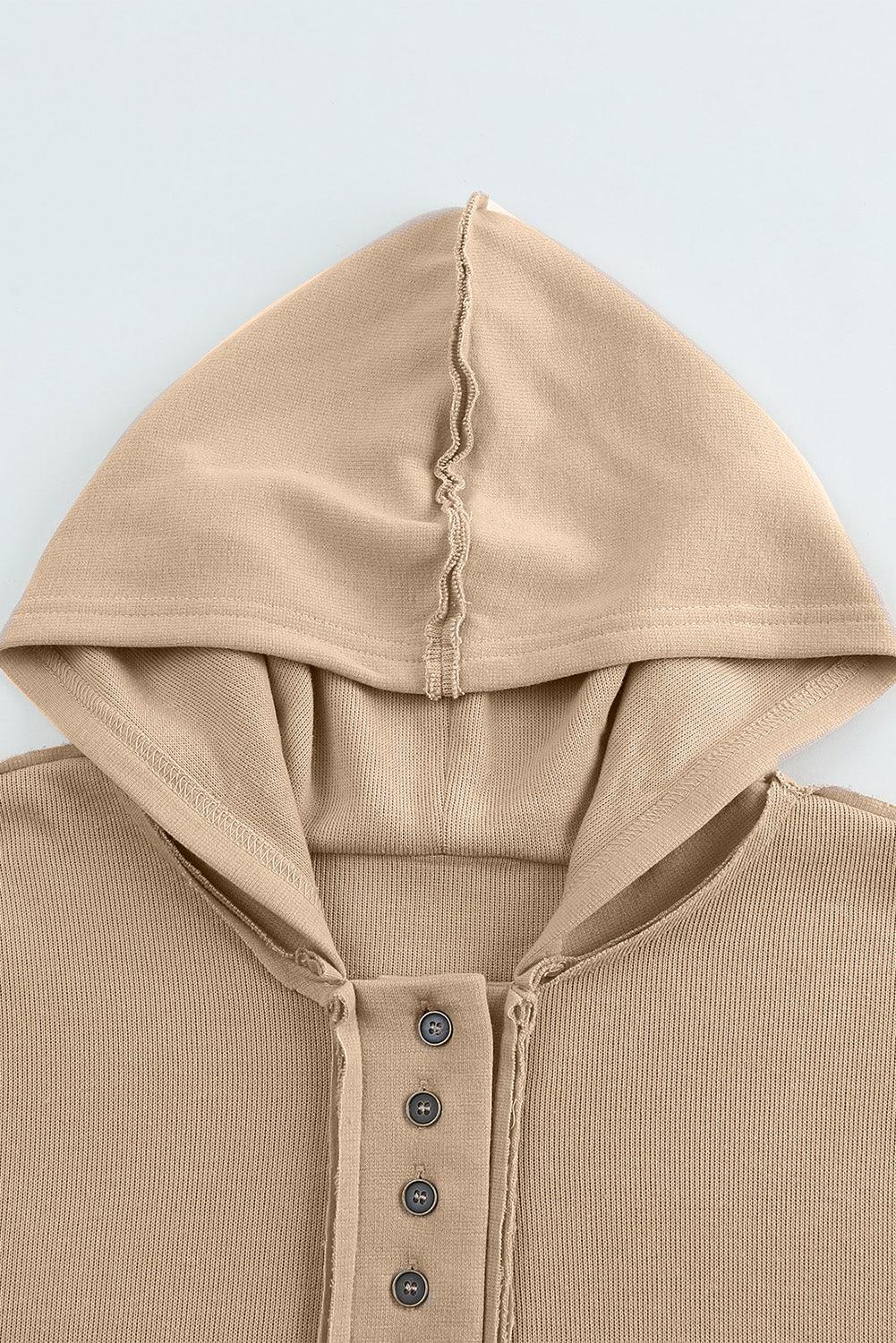 Quarter-Button Exposed Seam Dropped Shoulder Hoodie - La Pink