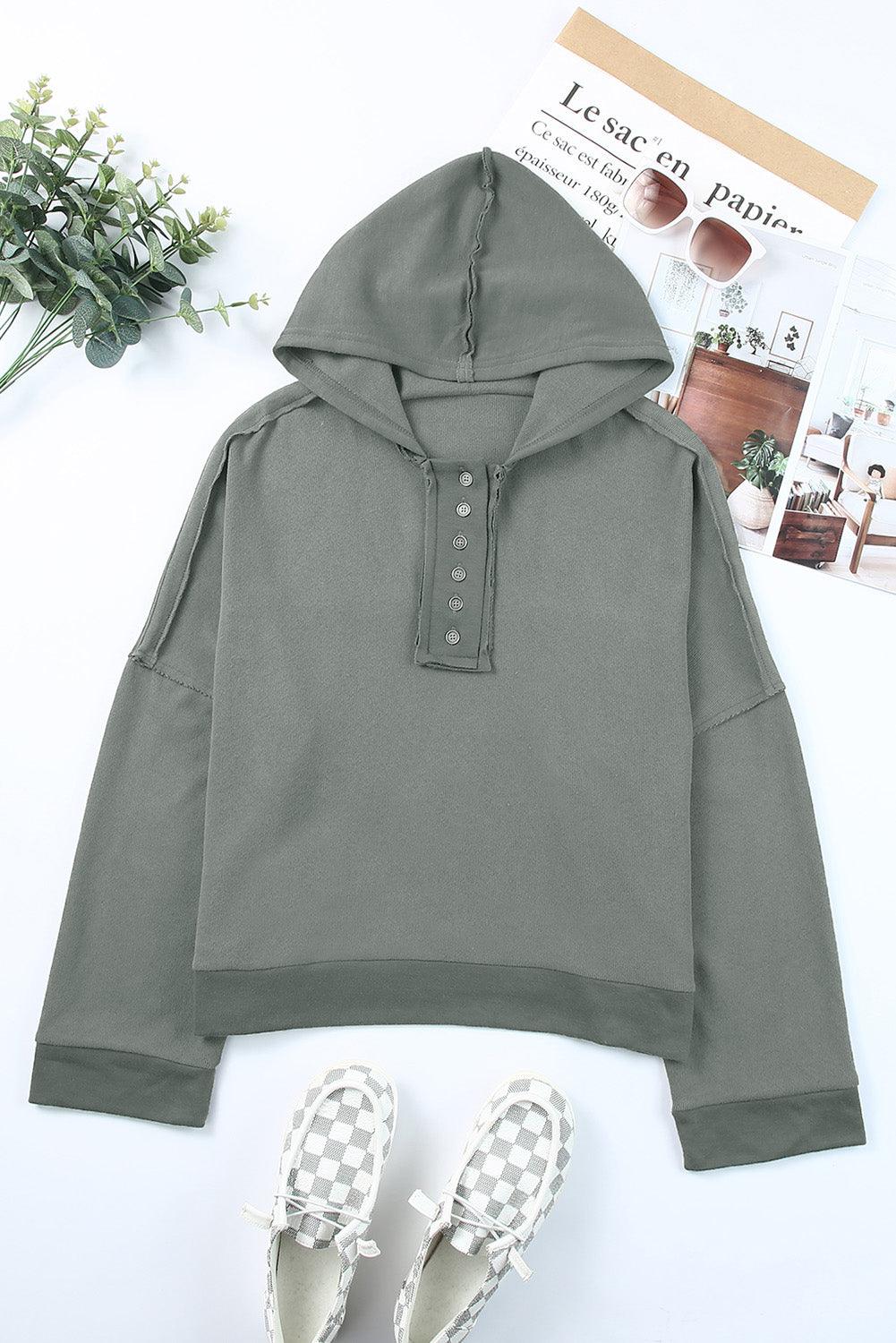 Quarter-Button Exposed Seam Dropped Shoulder Hoodie - La Pink