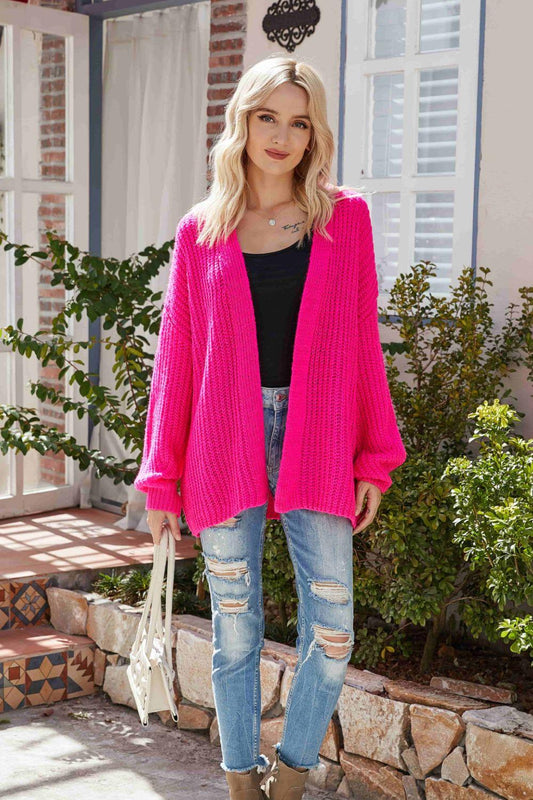 Rib-Knit Open Front Drop Shoulder Cardigan - La Pink