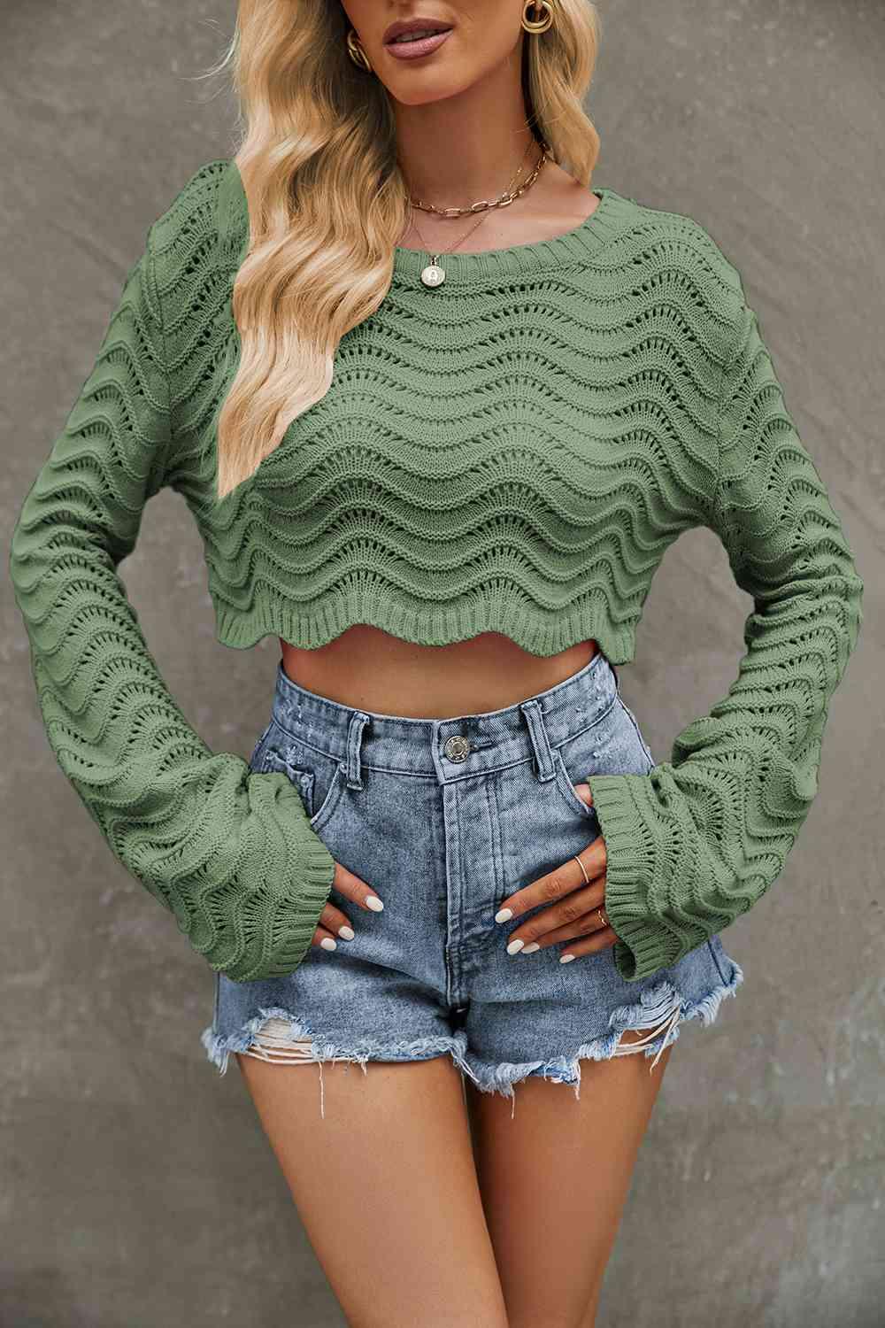 Round Neck Long Sleeve Cropped Sweater - La Pink