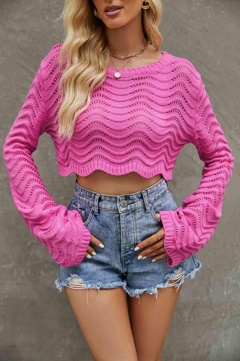 Round Neck Long Sleeve Cropped Sweater - La Pink
