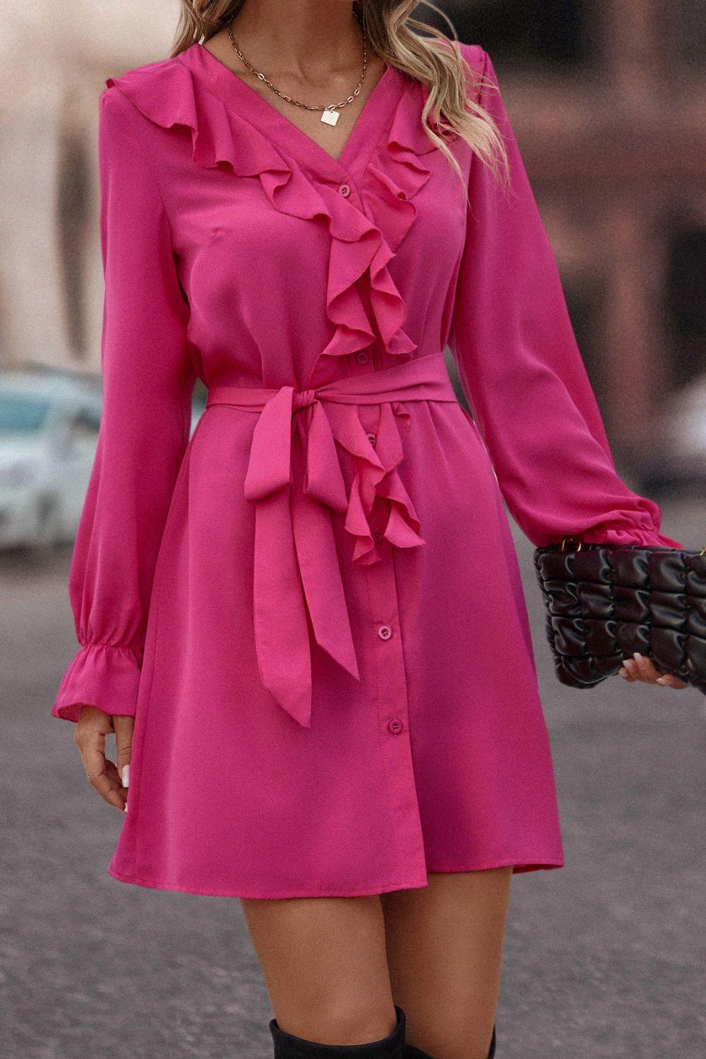Ruffled Flounce Sleeve V-Neck Belted Dress - La Pink