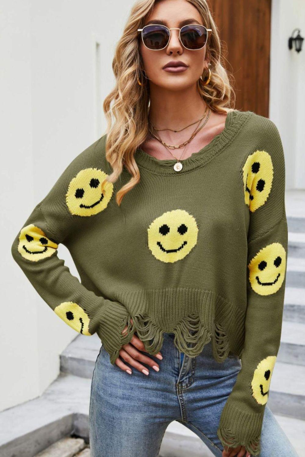 Smiley Face Distressed Round Neck Sweater - La Pink