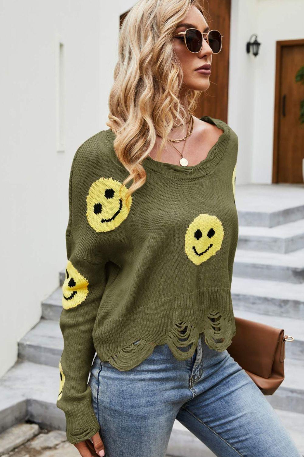 Smiley Face Distressed Round Neck Sweater - La Pink