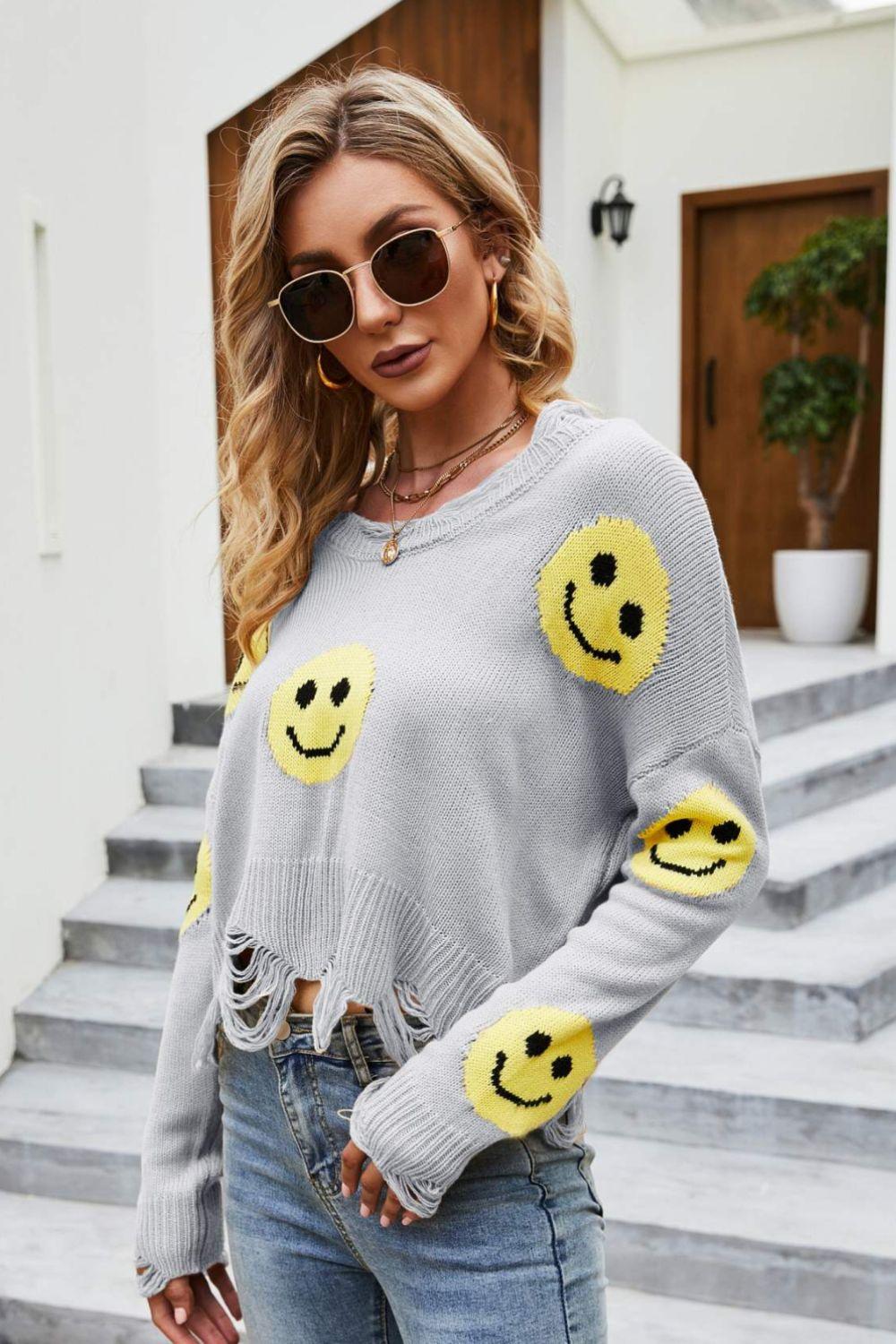 Smiley Face Distressed Round Neck Sweater - La Pink