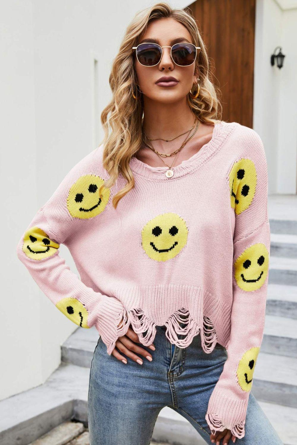 Smiley Face Distressed Round Neck Sweater - La Pink