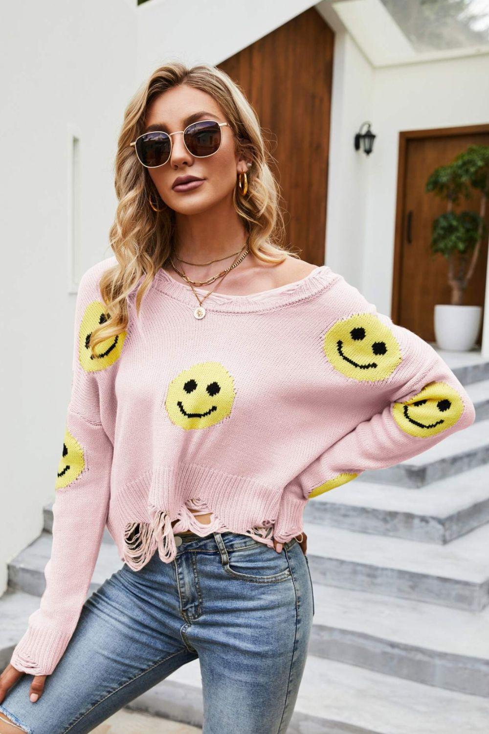 Smiley Face Distressed Round Neck Sweater - La Pink