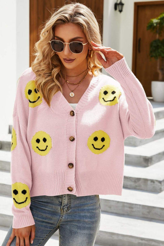 Smiley Face Ribbed Trim V-Neck Cardigan - La Pink