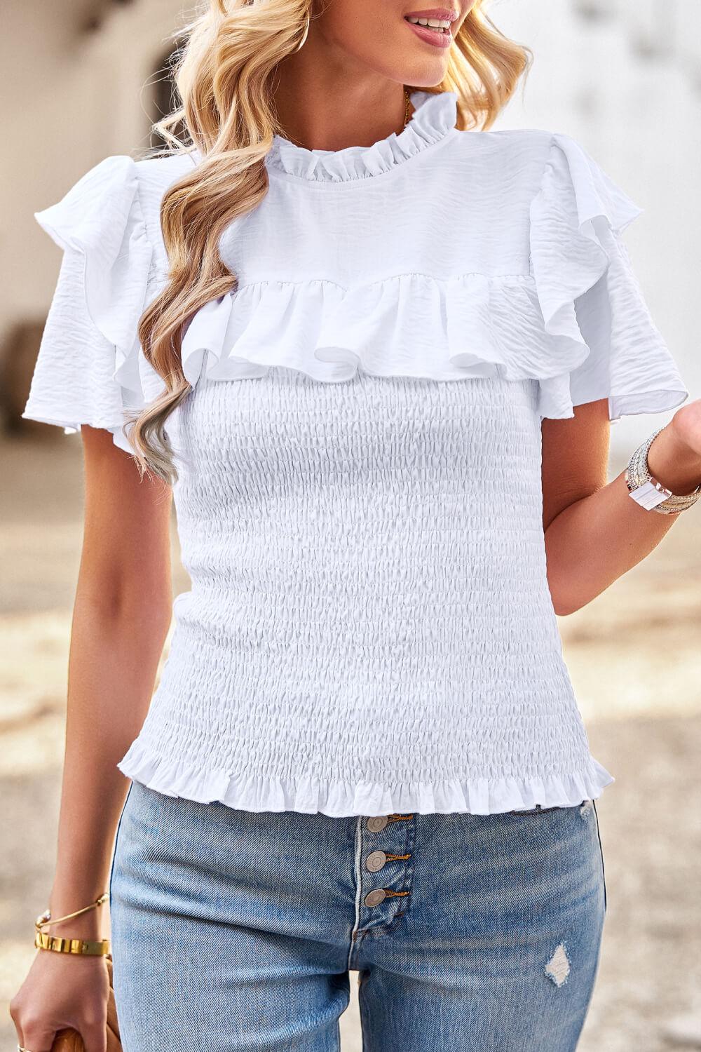 Smocked Tie Back Flutter Sleeve Blouse - La Pink