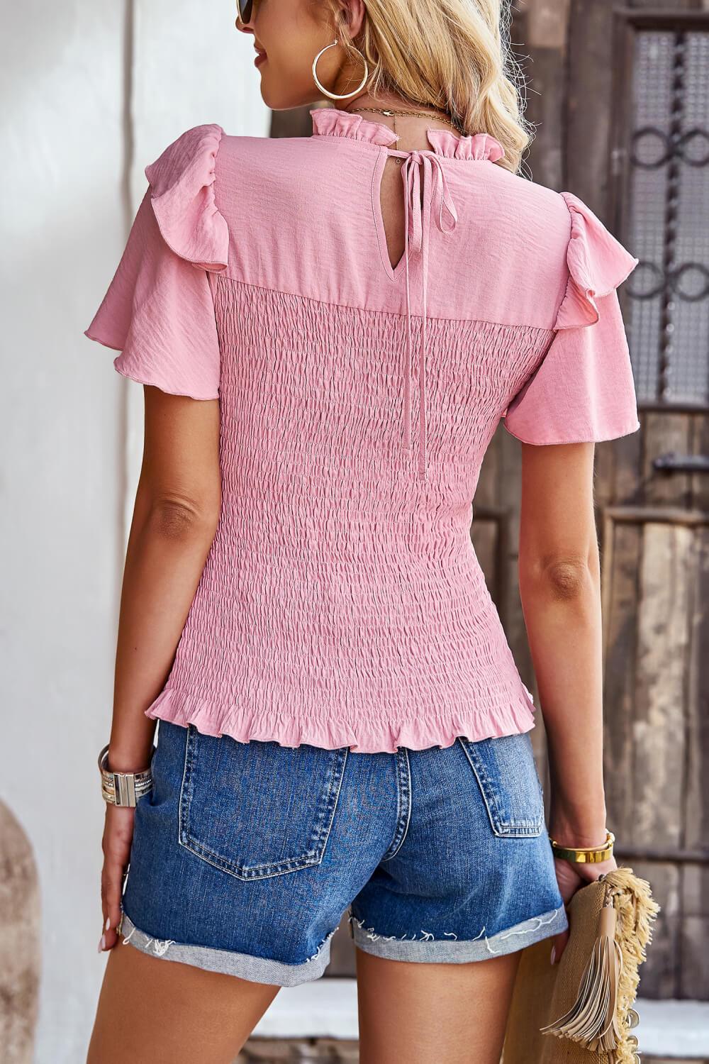 Smocked Tie Back Flutter Sleeve Blouse - La Pink