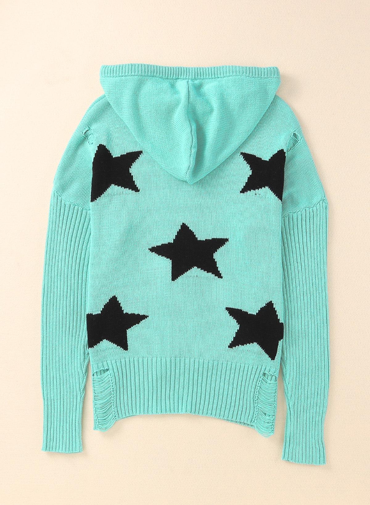 Star Distressed Slit Hooded Sweater - La Pink