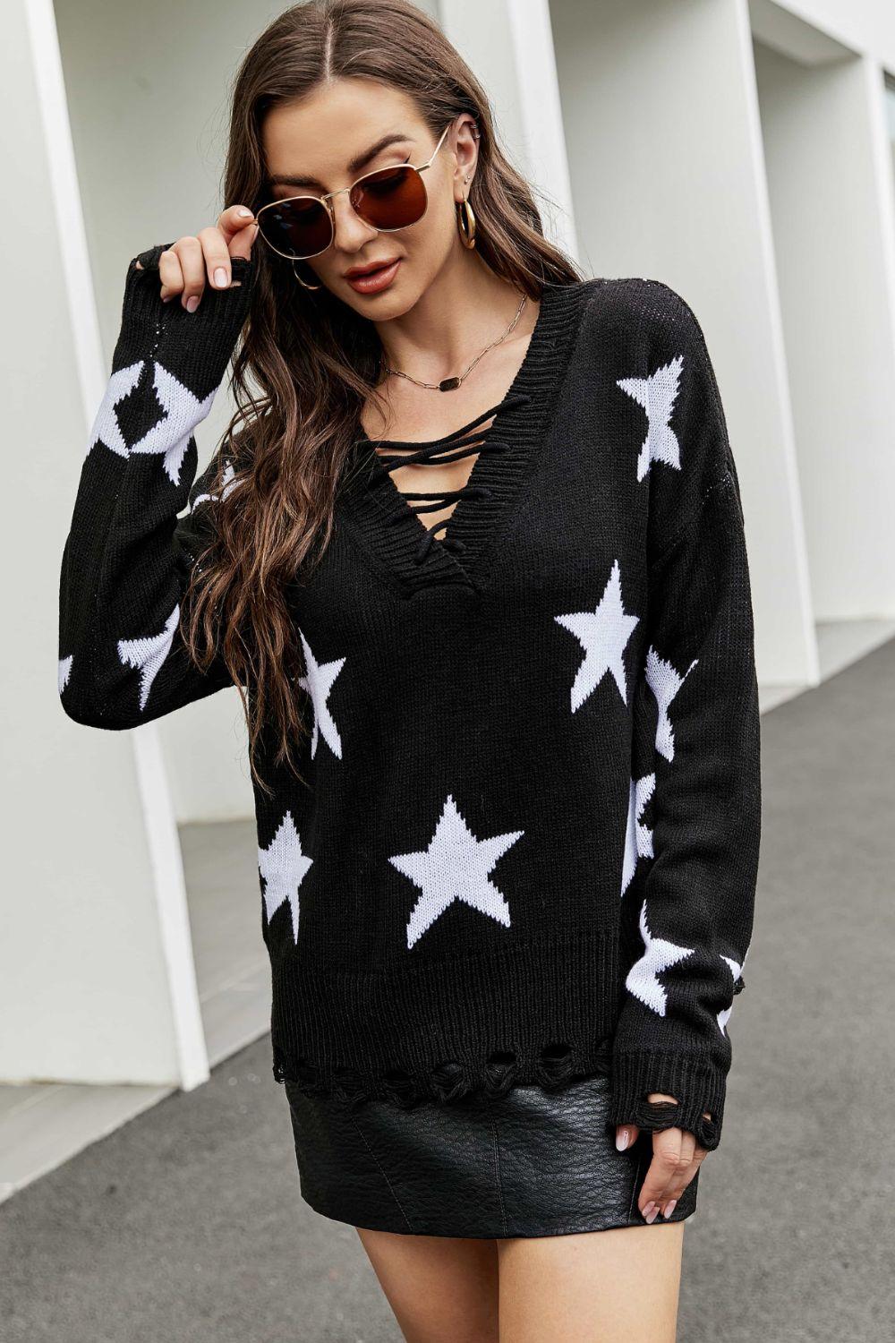 Star Pattern Lace-Up Drop Shoulder Sweater - La Pink