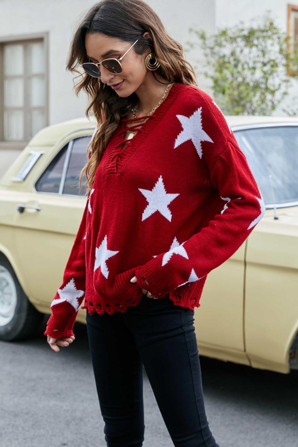 Star Pattern Lace-Up Drop Shoulder Sweater - La Pink