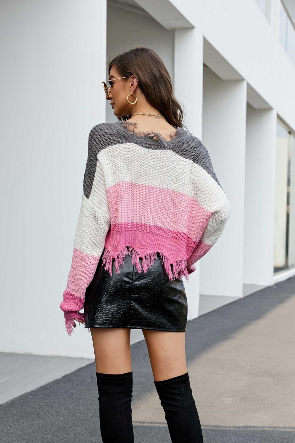 Striped Fringe Trim V-Neck Sweater - La Pink