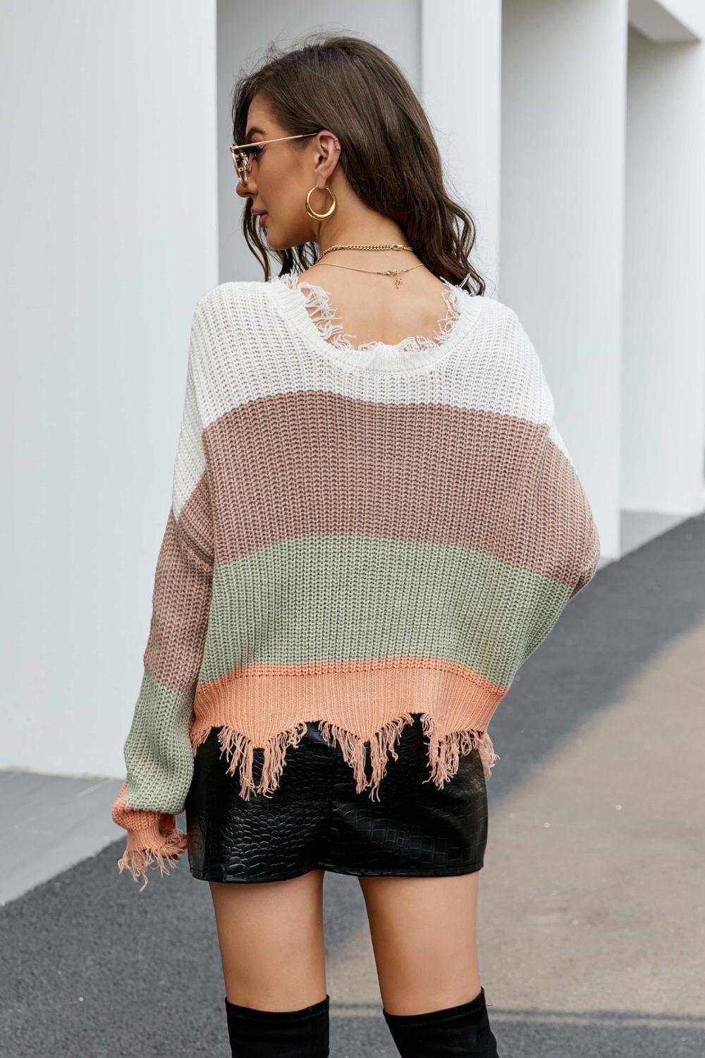 Striped Fringe Trim V-Neck Sweater - La Pink