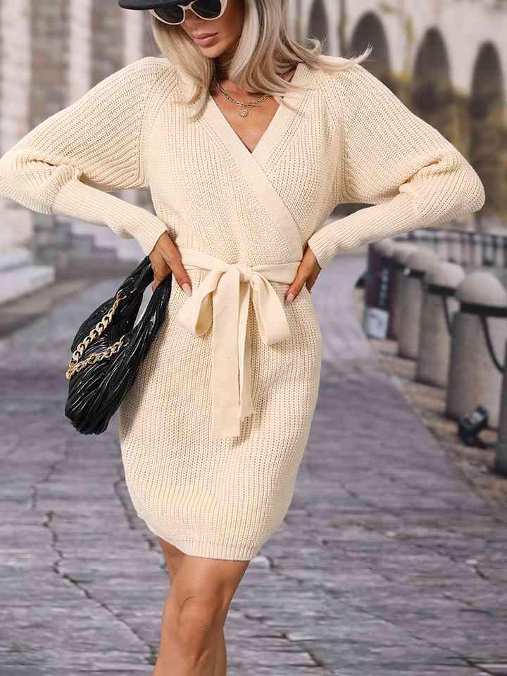 Surplice Neck Tie Waist Sweater Dress - La Pink