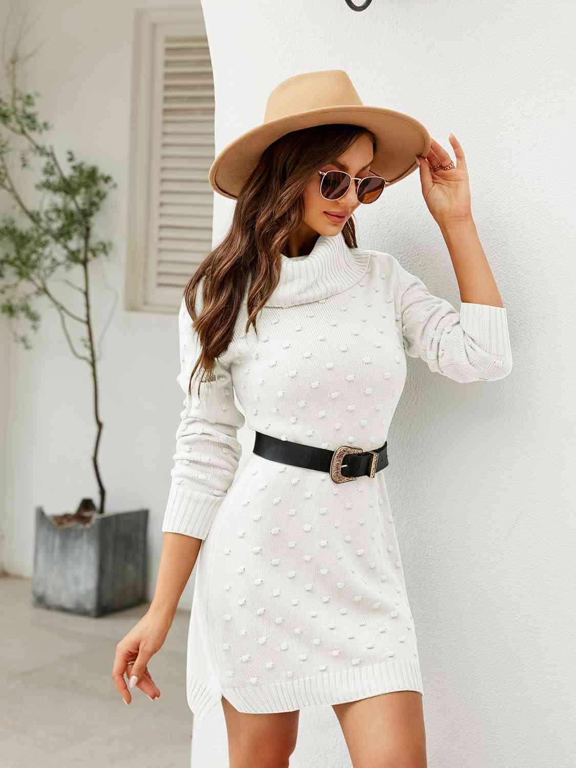 Turtleneck Long Sleeve Slit Sweater Dress - La Pink