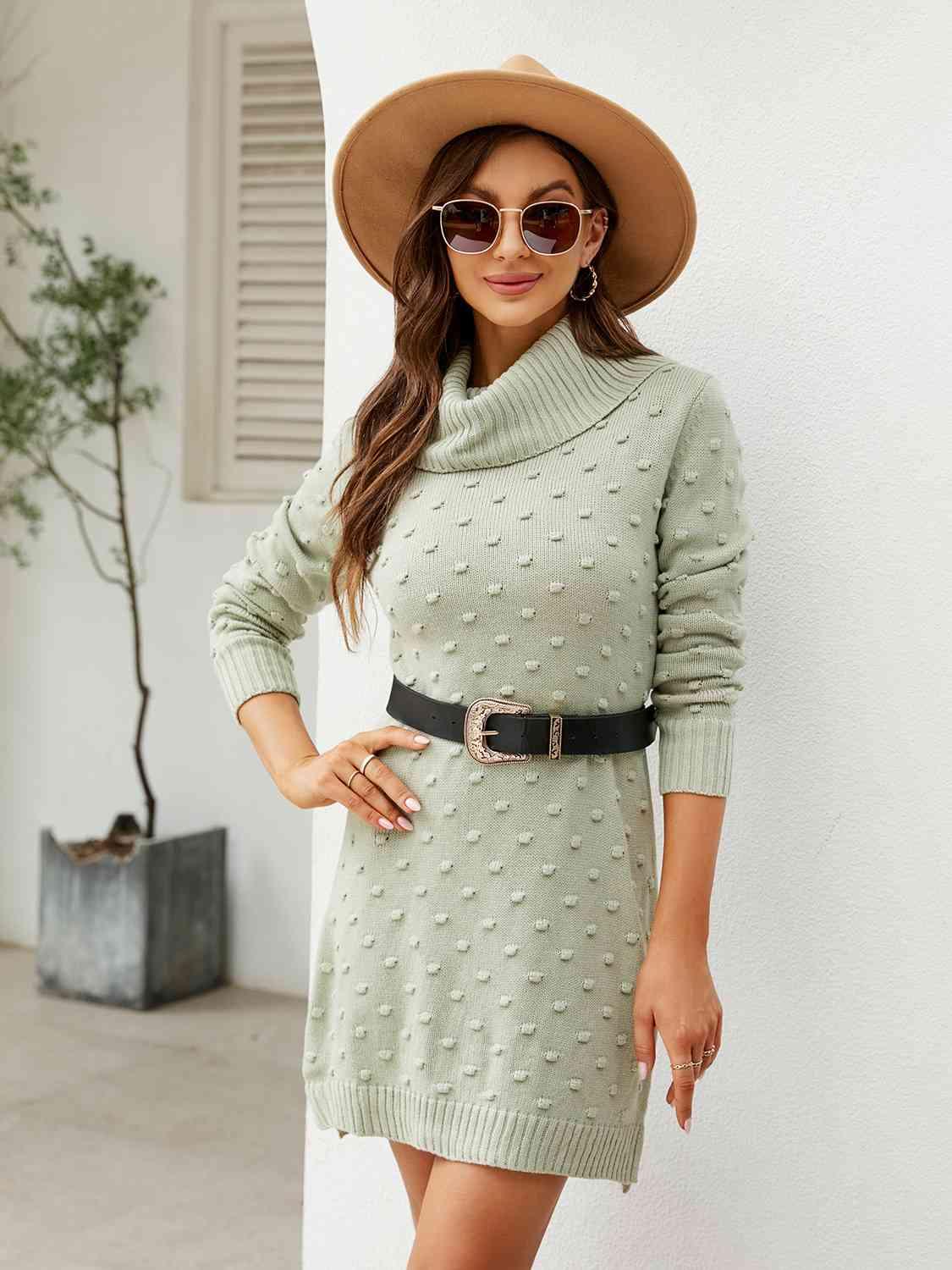 Turtleneck Long Sleeve Slit Sweater Dress - La Pink