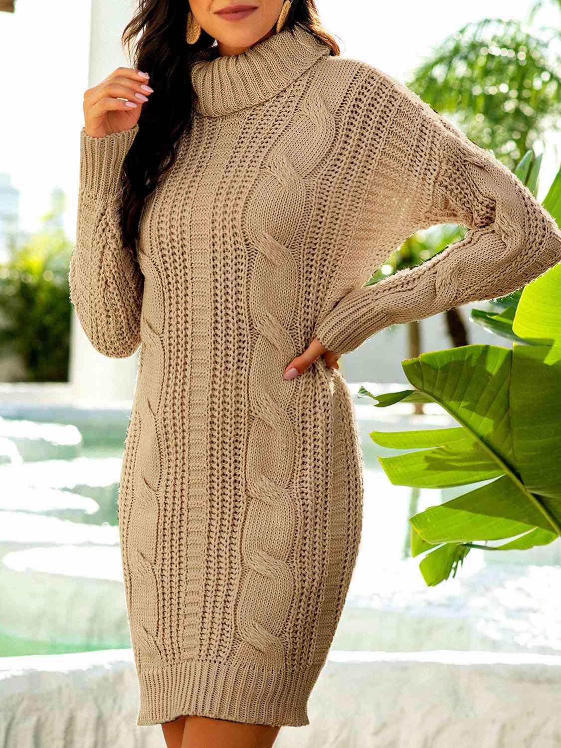 Turtleneck Ribbed Sweater Dress - La Pink