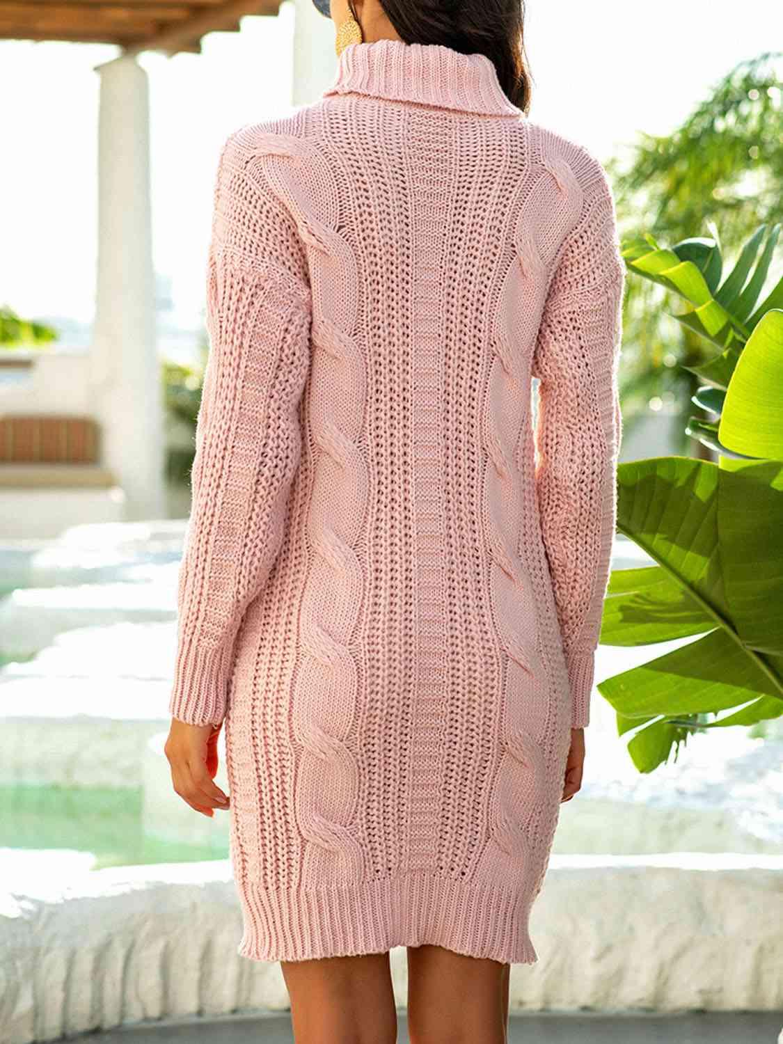 Turtleneck Ribbed Sweater Dress - La Pink