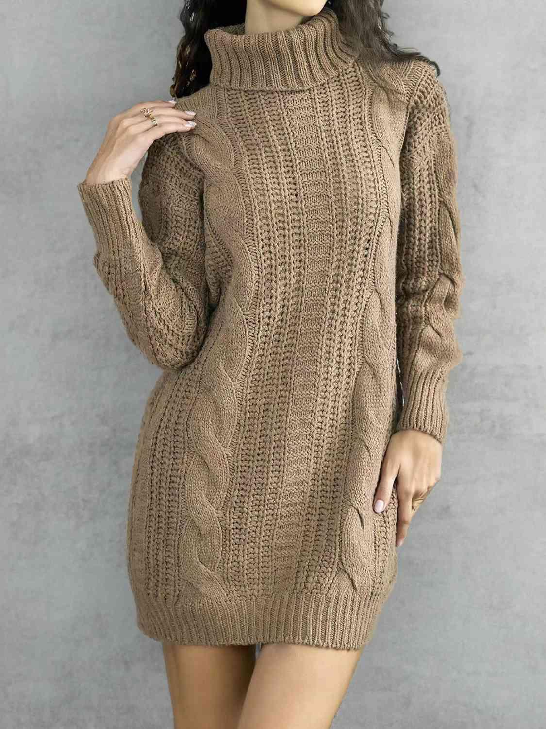 Turtleneck Ribbed Sweater Dress - La Pink