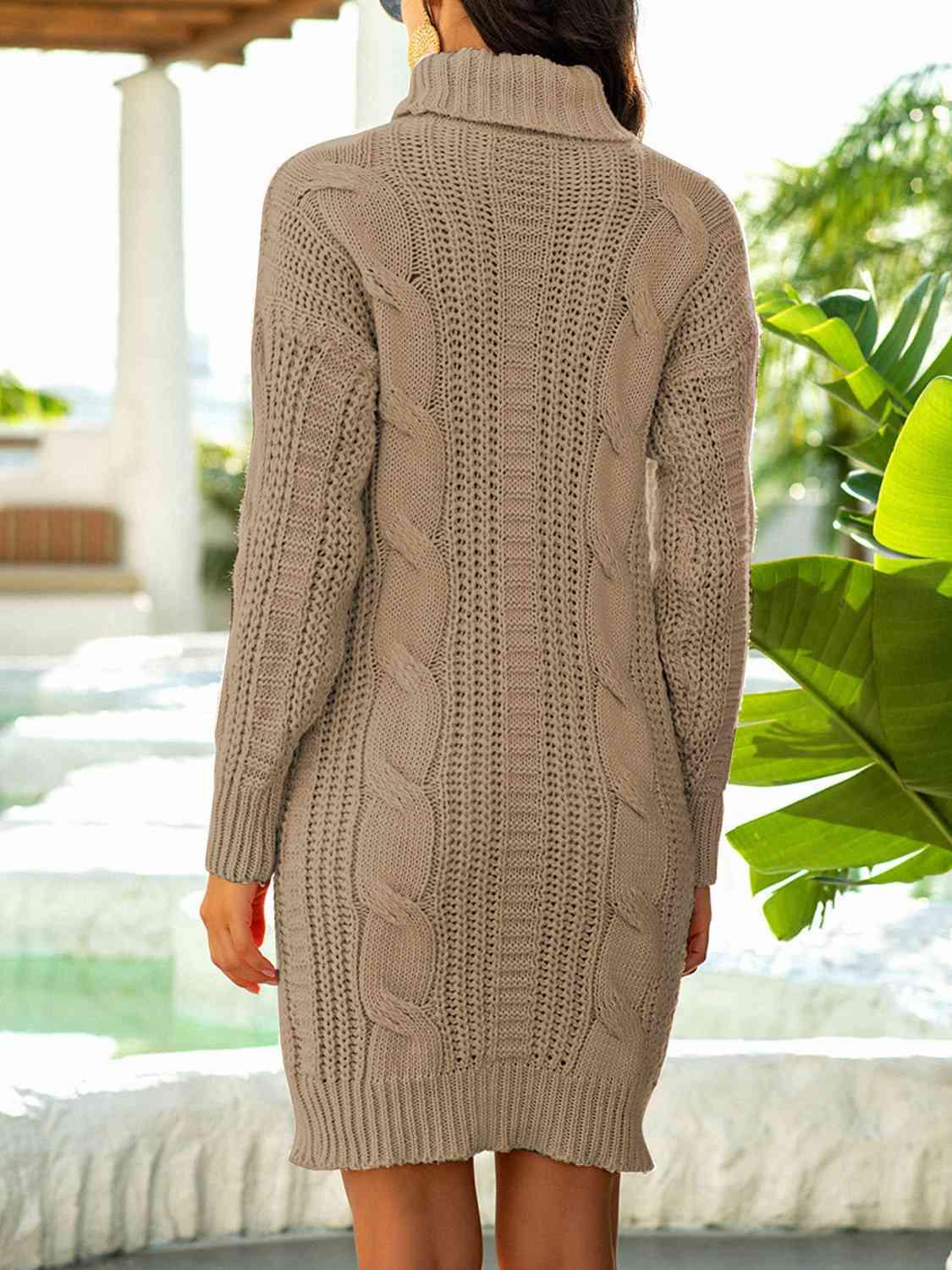 Turtleneck Ribbed Sweater Dress - La Pink