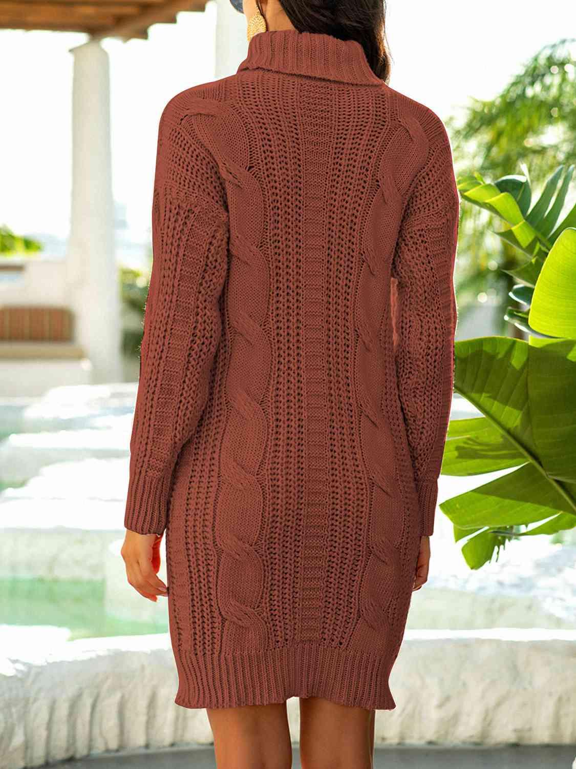 Turtleneck Ribbed Sweater Dress - La Pink